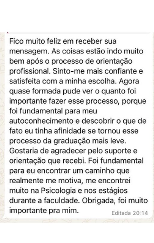 Depoimento via WhatsApp de ex-orientanda sobre o processo de Orientação Profissional
