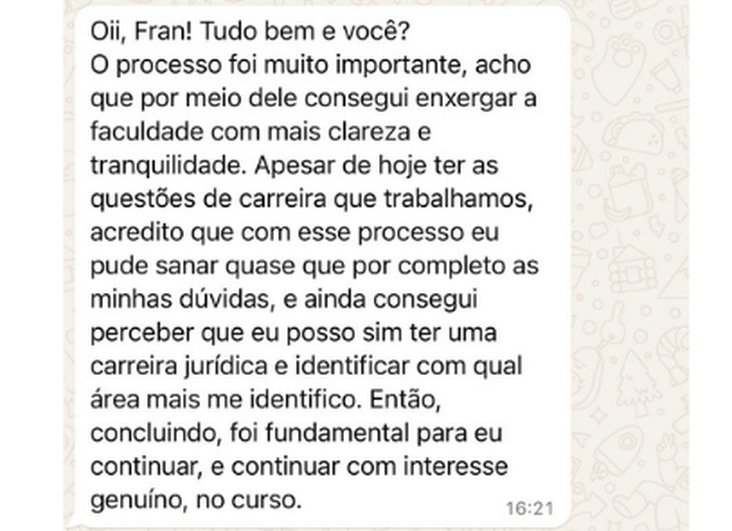Depoimento via WhatsApp de ex-orientanda sobre clareza na escolha da carreira