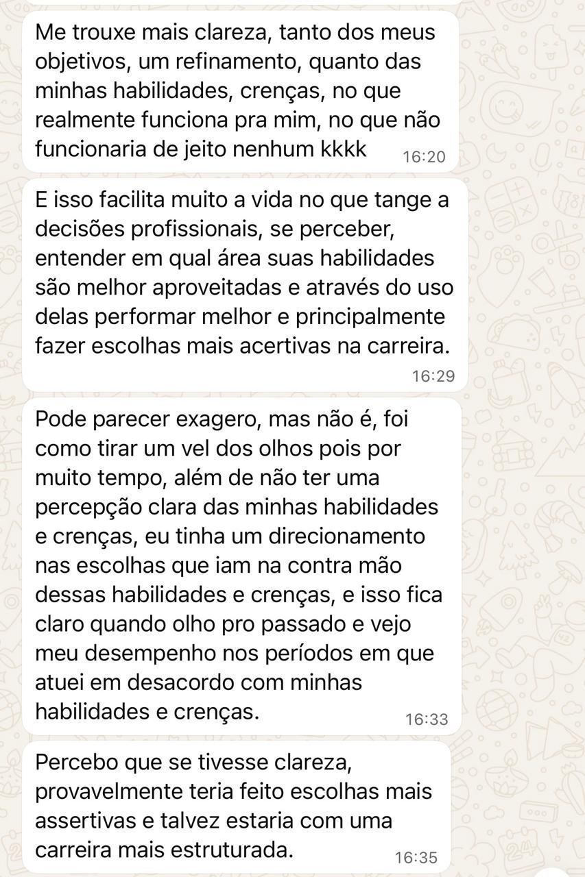 Depoimento via WhatsApp de ex-orientanda sobre autoconhecimento no processo