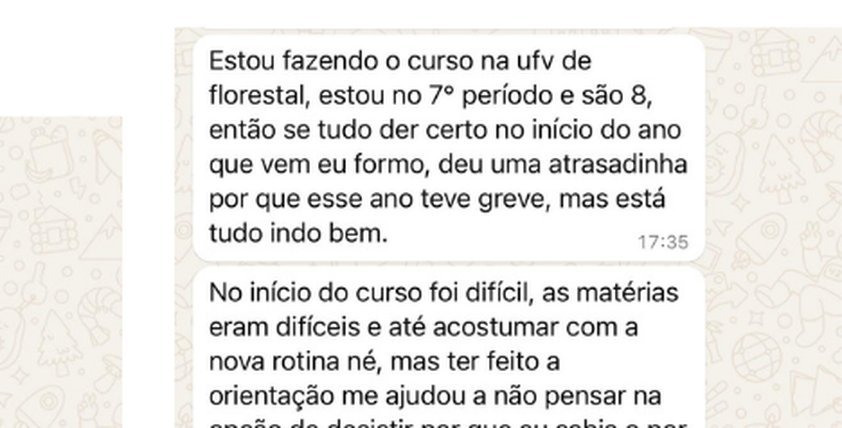 Depoimento via WhatsApp sobre a orientação durante a graduação